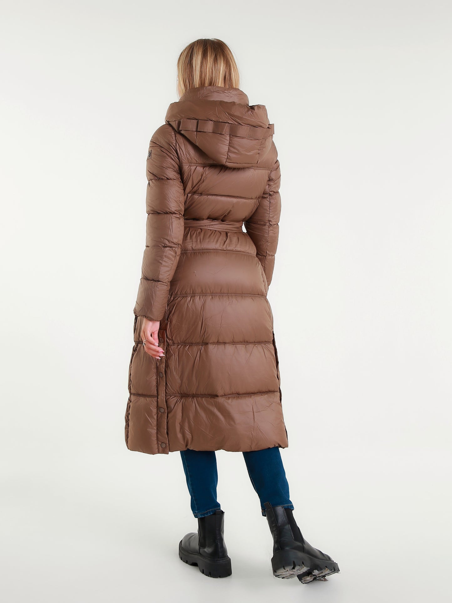 Piumino Lungo da Donna con Cappuccio e Cintura Elegante e Caldo per l'Inverno Moda Donna Invernale