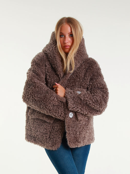 Teddy Jacket in Plush Wrap Effect with Hood and Oversized Buttons Casual Style Winter 100% Polyester Comfort and Versatility