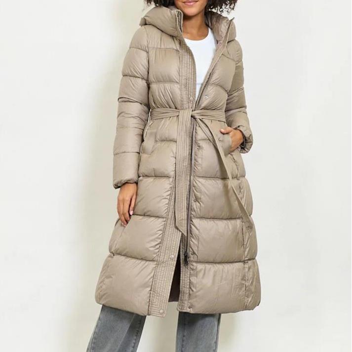Piumino Lungo da Donna con Cappuccio e Cintura Elegante e Caldo per l'Inverno Moda Donna Invernale