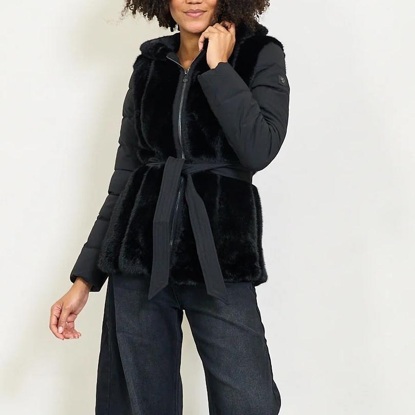Giacca Imbottita con Cappuccio in Pelliccia Sintetica Cintura in Vita Stile Elegante Invernale per Donna