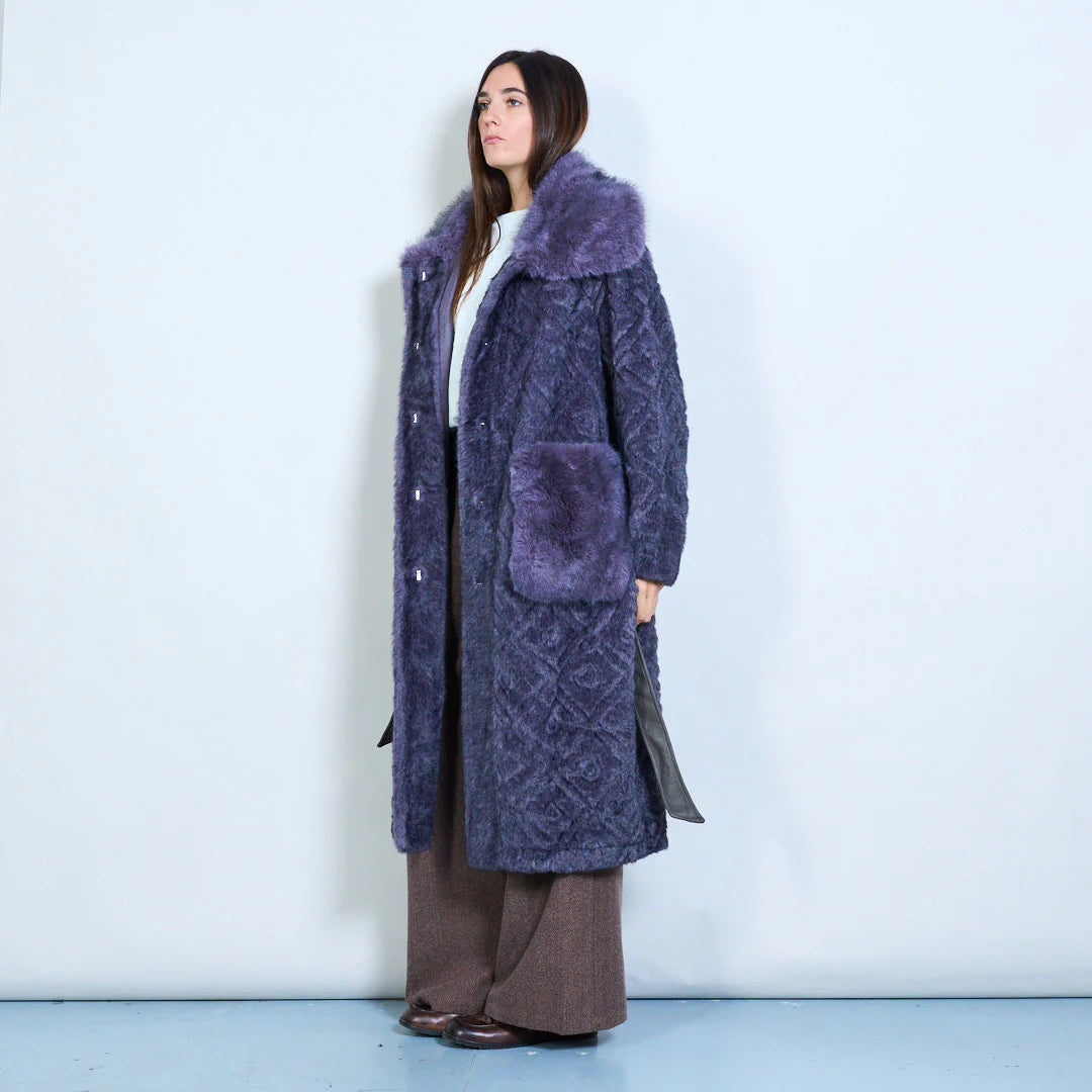 Long Faux Fur Coat with Belt and Contrasting Pockets