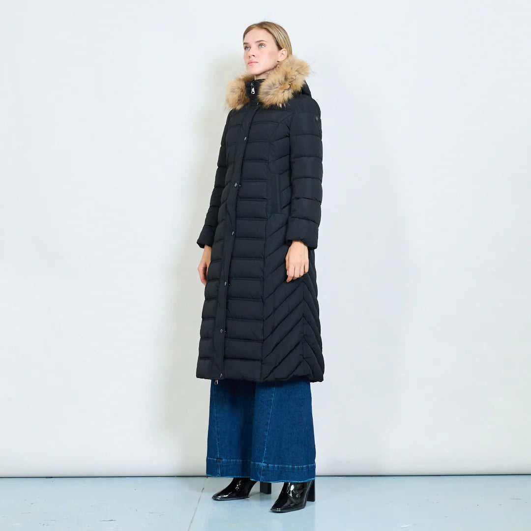 Long Green Coat with Hood and Real Rabbit Fur Collar