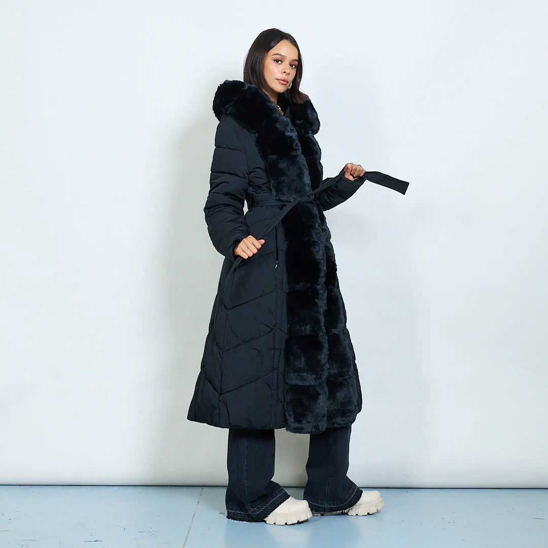 Long Down Jacket with Hood and Faux Fur Details