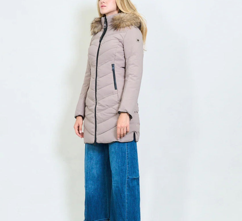 Medium-Length Green Down Jacket with Real Rabbit Fur Hood and Collar