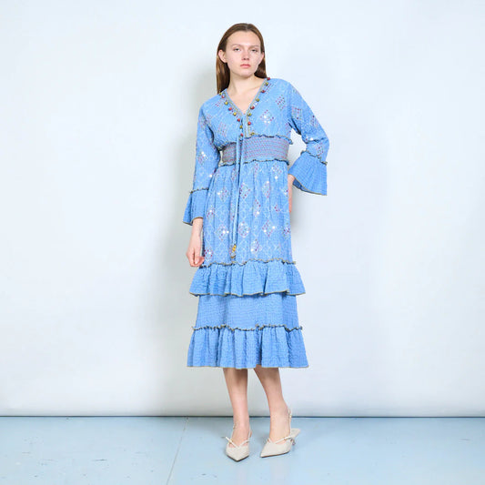 Abito midi donna con ricami, paillettes e vita elasticizzata