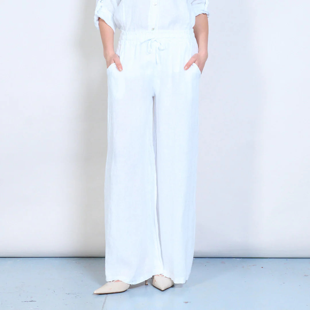 Pantaloni palazzo donna in lino con coulisse e tasche