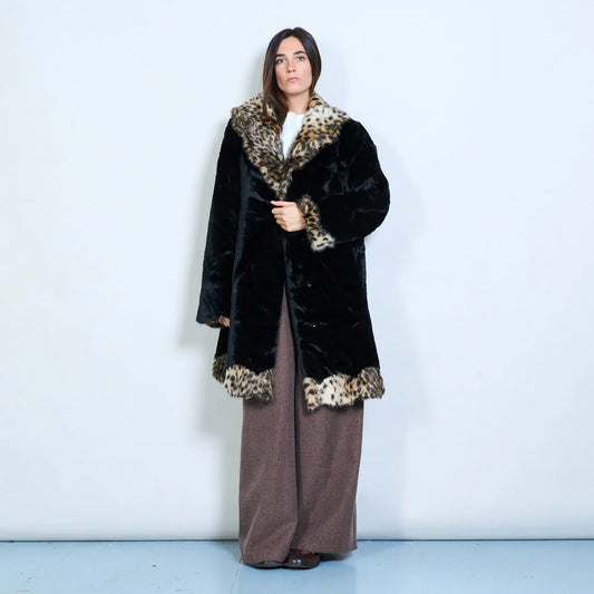 Faux Fur Coat with Contrasting Animal Print Details