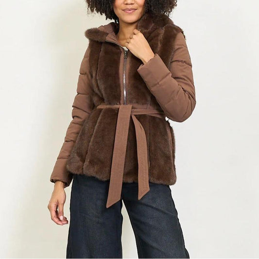 Winter Elegant Faux Fur Hooded Padded Jacket with Belted Waistband