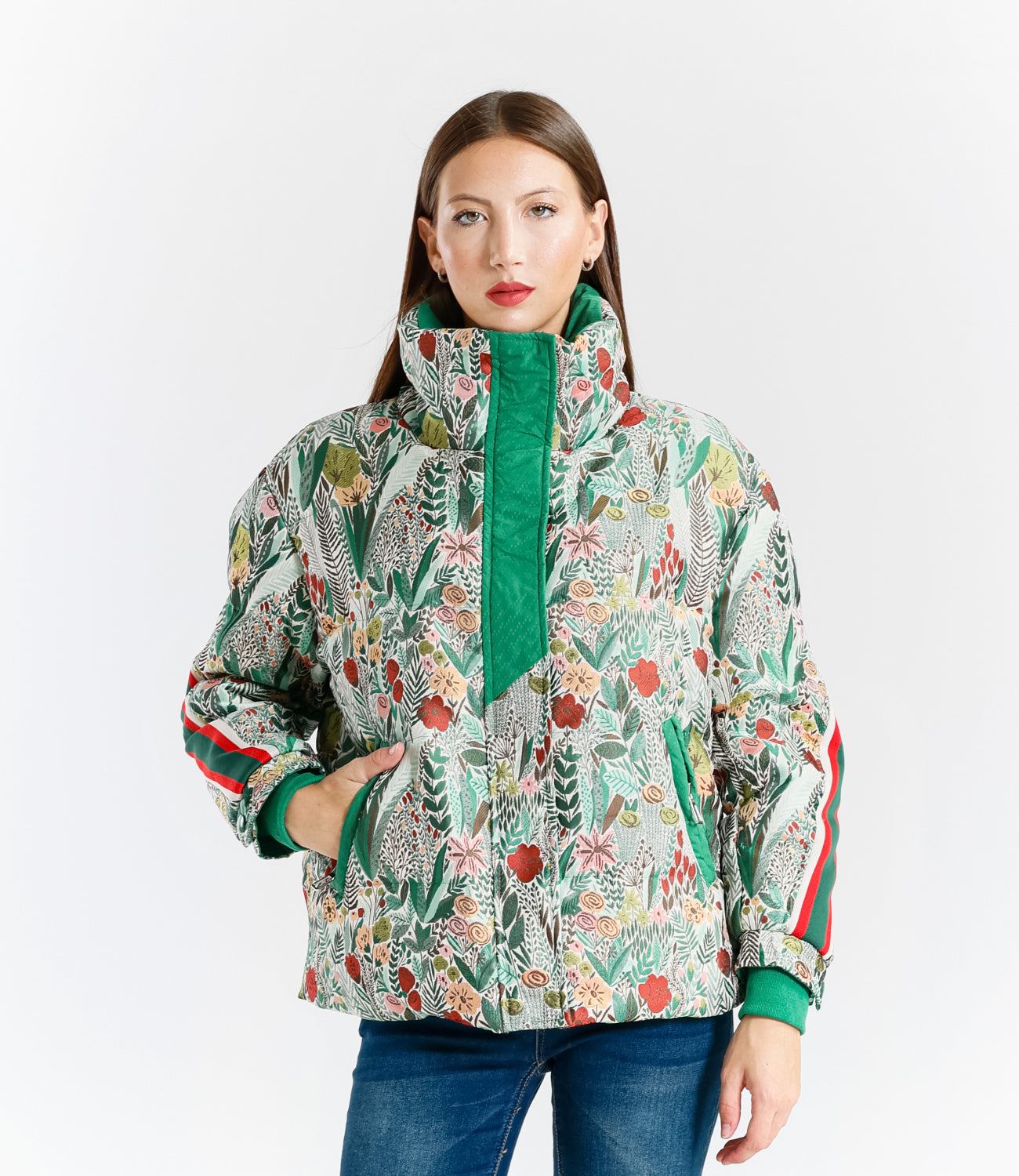 Giacca Imbottita Donna Fantasia Floreale con Dettagli Verdi in Poliestere e Zip Frontale Stile Casual Streetwear