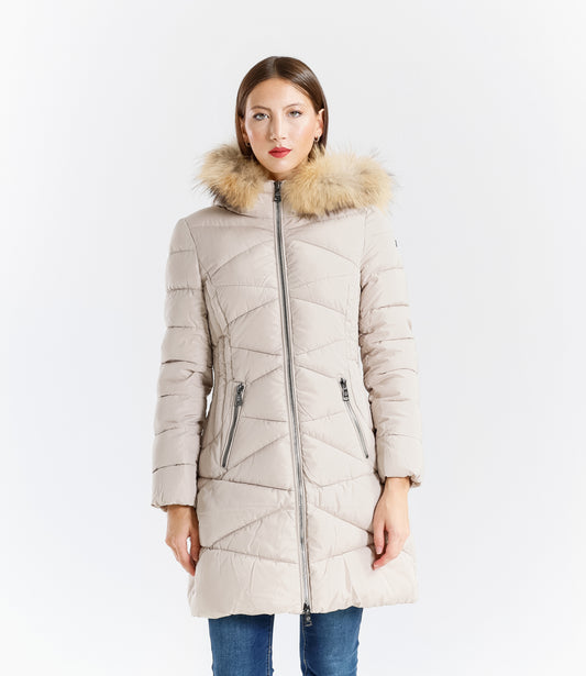 Piumino donna con cappuccio e bordo in pelliccia – Sunnyday