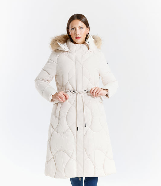 Piumino lungo donna con cappuccio e bordo in pelliccia vera staccabile