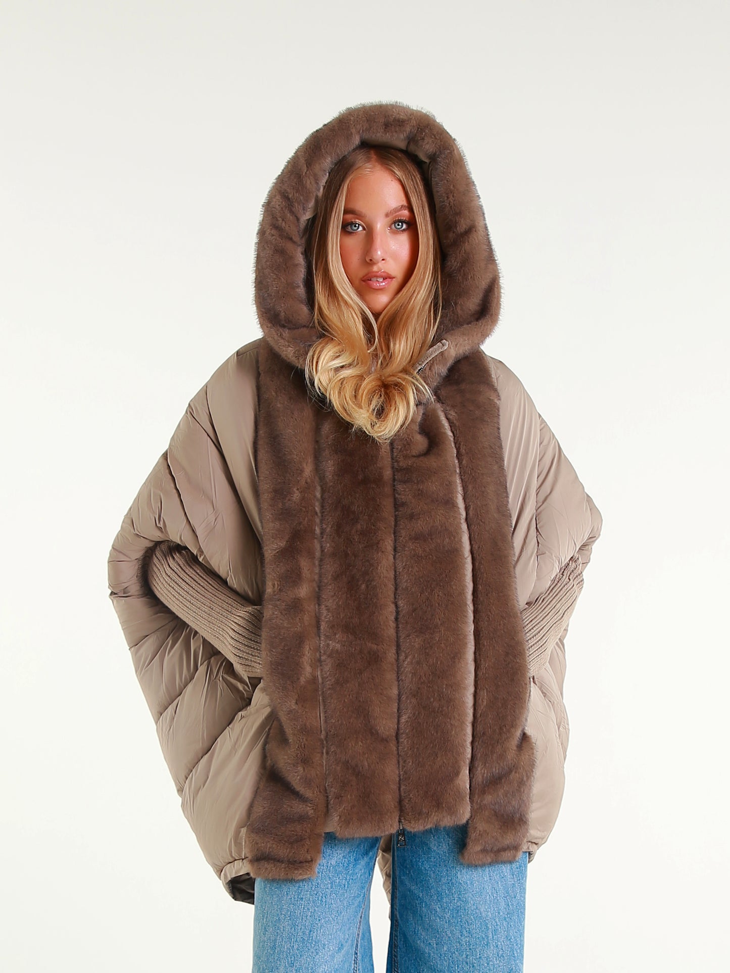 Women's Down Jacket with Faux Fur Hood | Medium-Long Padded Coat