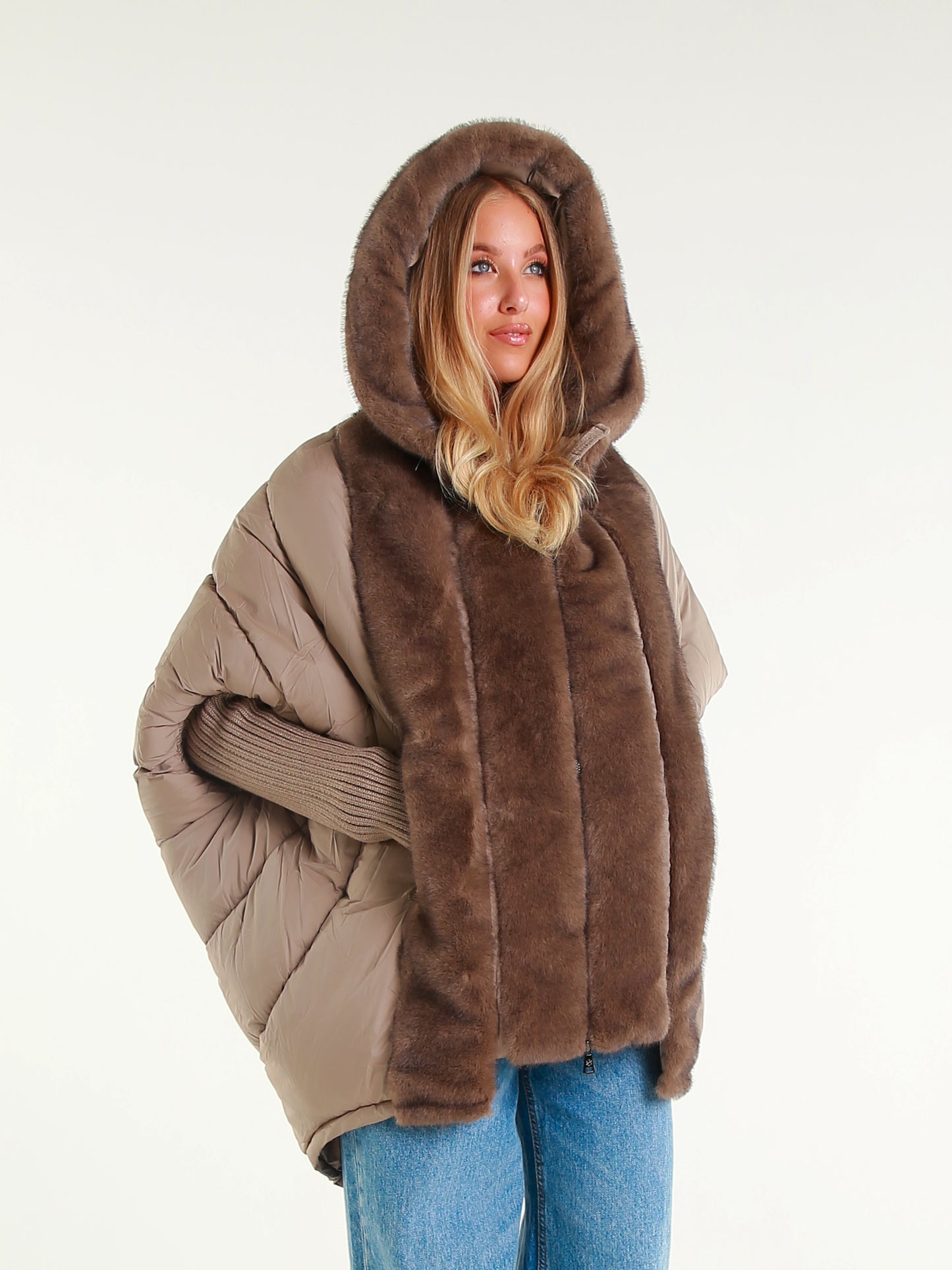 Women's Down Jacket with Faux Fur Hood | Medium-Long Padded Coat