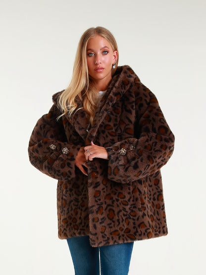 Short Faux Fur Coat with Hood and Jewel Buttons