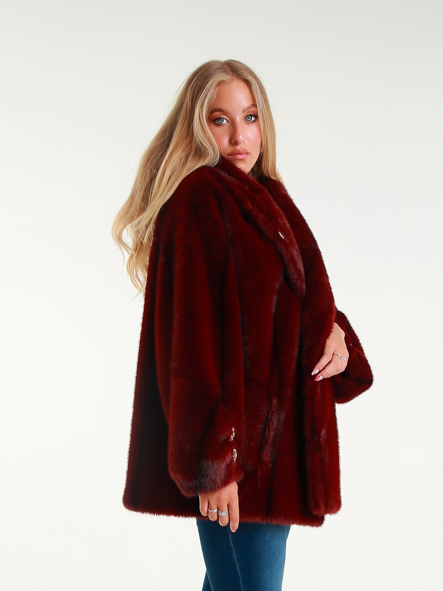 Short Faux Fur Coat with Hood and Jewel Buttons