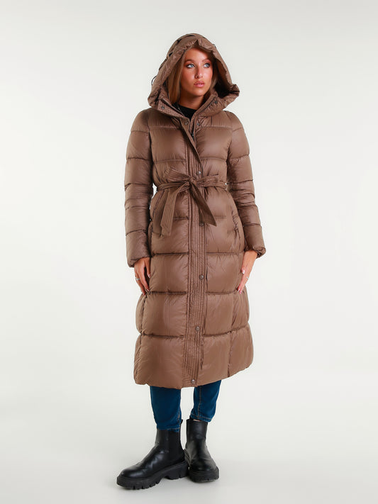 Piumino Lungo  da Donna con Cappuccio e Cintura Elegante e Caldo per l'Inverno Moda Donna Invernale