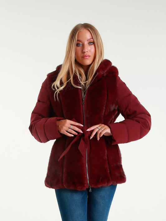 Giacca Imbottita con Cappuccio in Pelliccia Sintetica  Cintura in Vita Stile Elegante Invernale per Donna