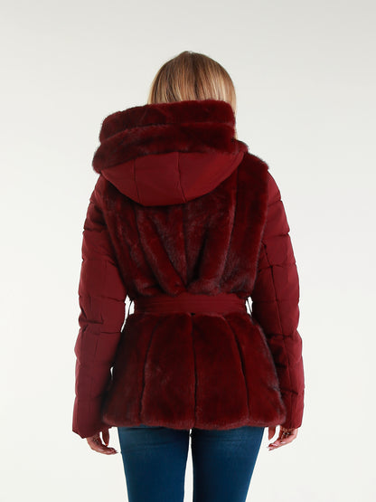 Giacca Imbottita con Cappuccio in Pelliccia Sintetica  Cintura in Vita Stile Elegante Invernale per Donna
