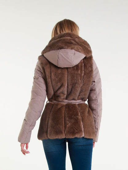 Giacca Imbottita con Cappuccio in Pelliccia Sintetica  Cintura in Vita Stile Elegante Invernale per Donna