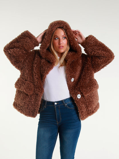 Giaccone Teddy in Peluche Effetto Avvolgente con Cappuccio e Bottoni Oversize Stile Casual Inverno 100% Poliestere Comfort e Versatilità