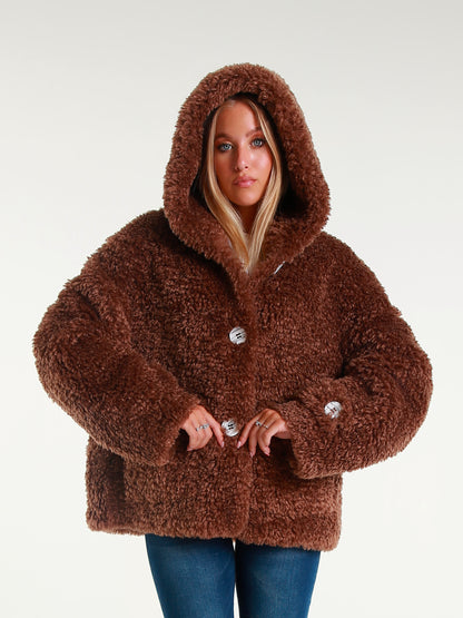 Giaccone Teddy in Peluche Effetto Avvolgente con Cappuccio e Bottoni Oversize Stile Casual Inverno 100% Poliestere Comfort e Versatilità