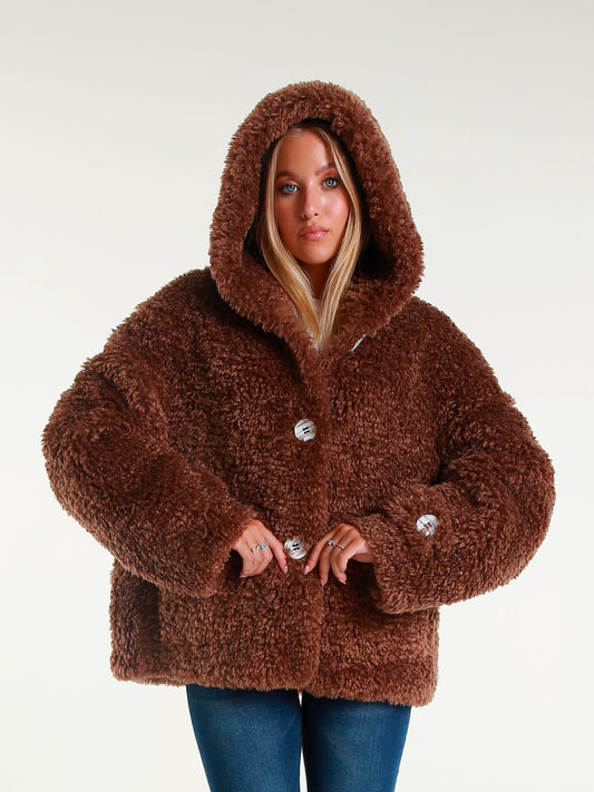 Giaccone Teddy in Peluche Effetto Avvolgente con Cappuccio e Bottoni Oversize Stile Casual Inverno 100% Poliestere Comfort e Versatilità