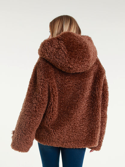 Giaccone Teddy in Peluche Effetto Avvolgente con Cappuccio e Bottoni Oversize Stile Casual Inverno 100% Poliestere Comfort e Versatilità