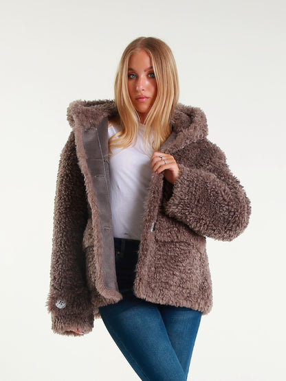 Giaccone Teddy in Peluche Effetto Avvolgente con Cappuccio e Bottoni Oversize Stile Casual Inverno 100% Poliestere Comfort e Versatilità