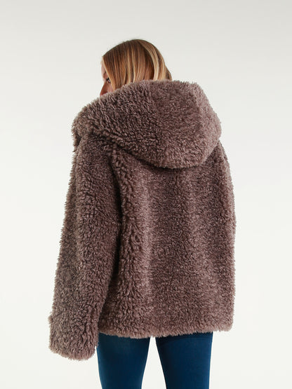 Giaccone Teddy in Peluche Effetto Avvolgente con Cappuccio e Bottoni Oversize Stile Casual Inverno 100% Poliestere Comfort e Versatilità