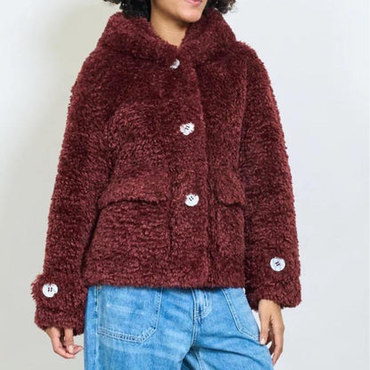 Giaccone Teddy in Peluche Effetto Avvolgente con Cappuccio e Bottoni Oversize Stile Casual Inverno 100% Poliestere Comfort e Versatilità
