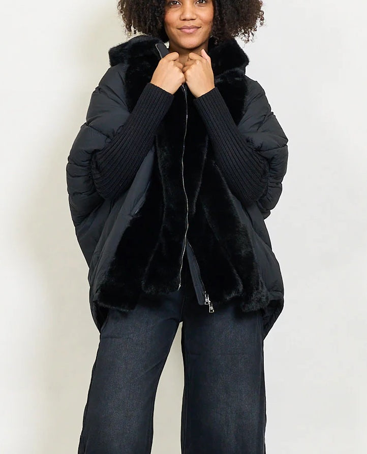 Women's Down Jacket with Faux Fur Hood | Medium-Long Padded Coat