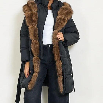Piumino Lungo con Cappuccio in Pelliccia Sintetica Elegante con Cintura per un Look Stiloso e Versatile per Inverno Comfort e Stile