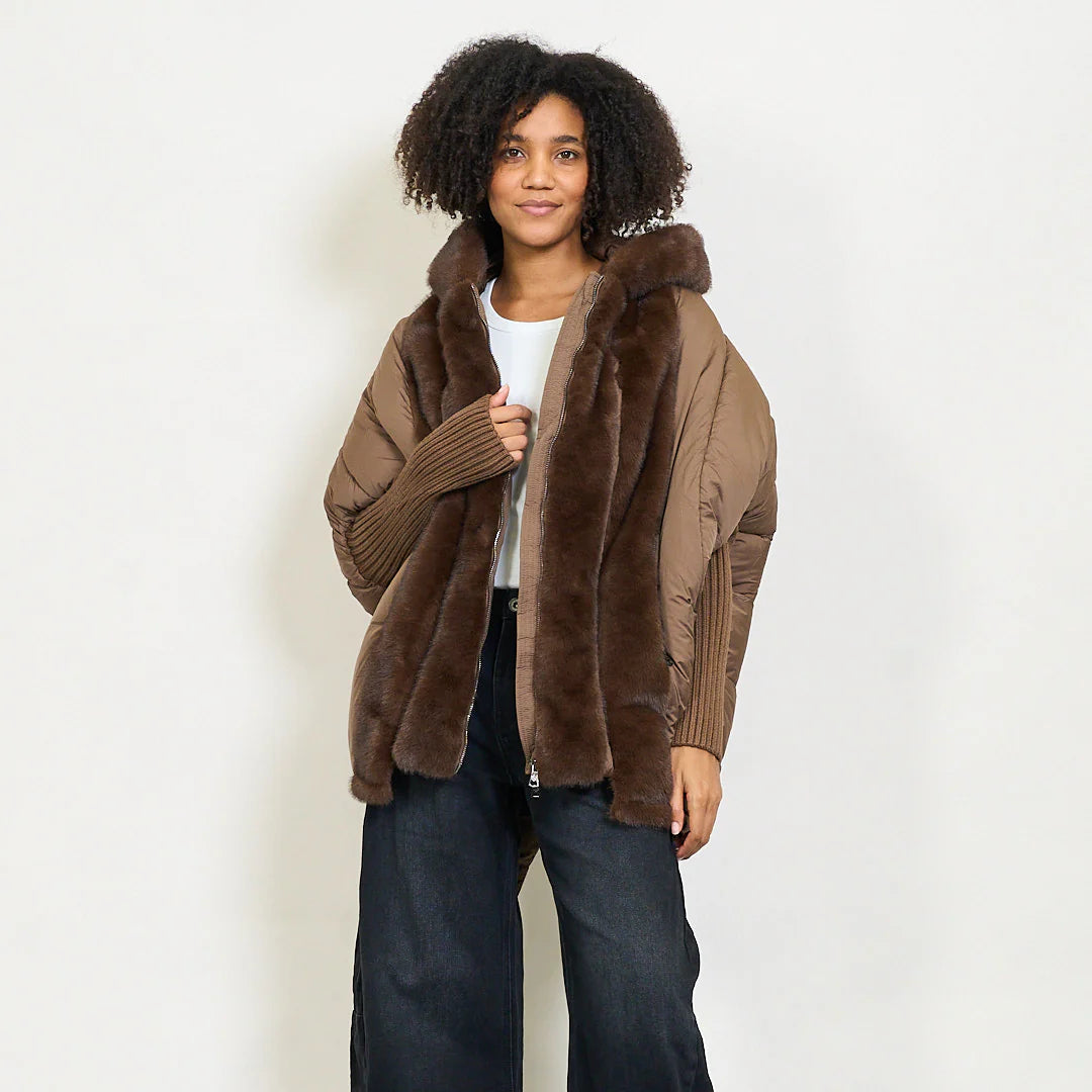 Women's Down Jacket with Faux Fur Hood | Medium-Long Padded Coat