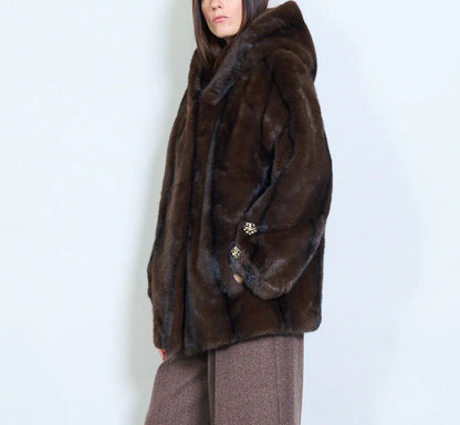 Short Faux Fur Coat with Hood and Jewel Buttons
