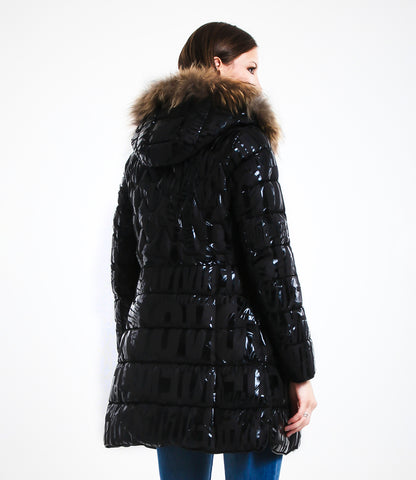 Shiny Down Jacket with Hood and Real Rabbit Fur