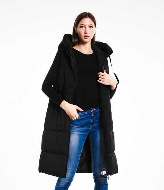 Gilet Imbottito Lungo Donna con Cappuccio e Zip Stile Casual Versatile per Autunno/Inverno Design Minimal Senza