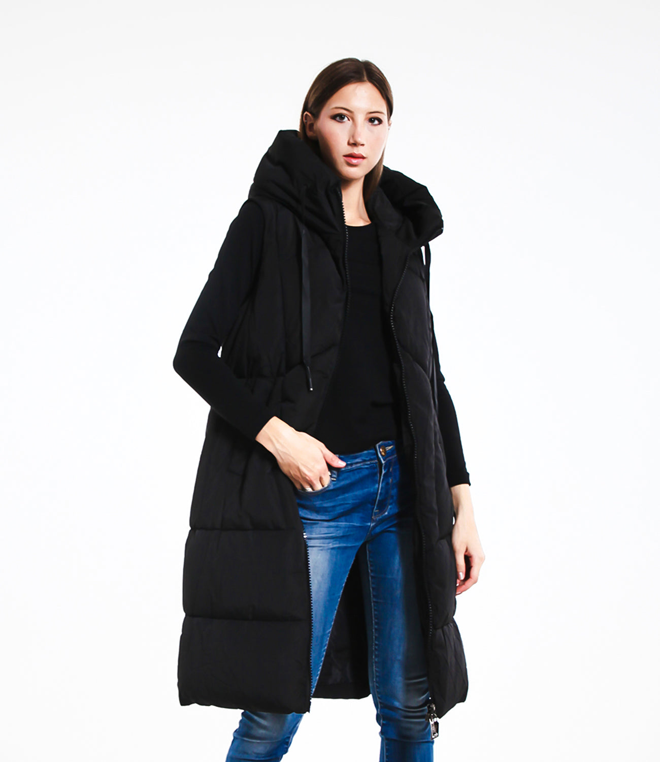 Gilet Imbottito Lungo Donna con Cappuccio e Zip Stile Casual Versatile per Autunno/Inverno Design Minimal Senza