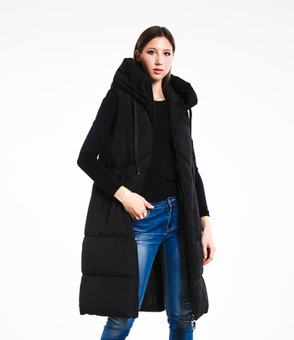 Gilet Imbottito Lungo Donna con Cappuccio e Zip Stile Casual Versatile per Autunno/Inverno Design Minimal Senza