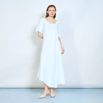 Abito lungo donna ampio con scollo rifinito e maniche corte