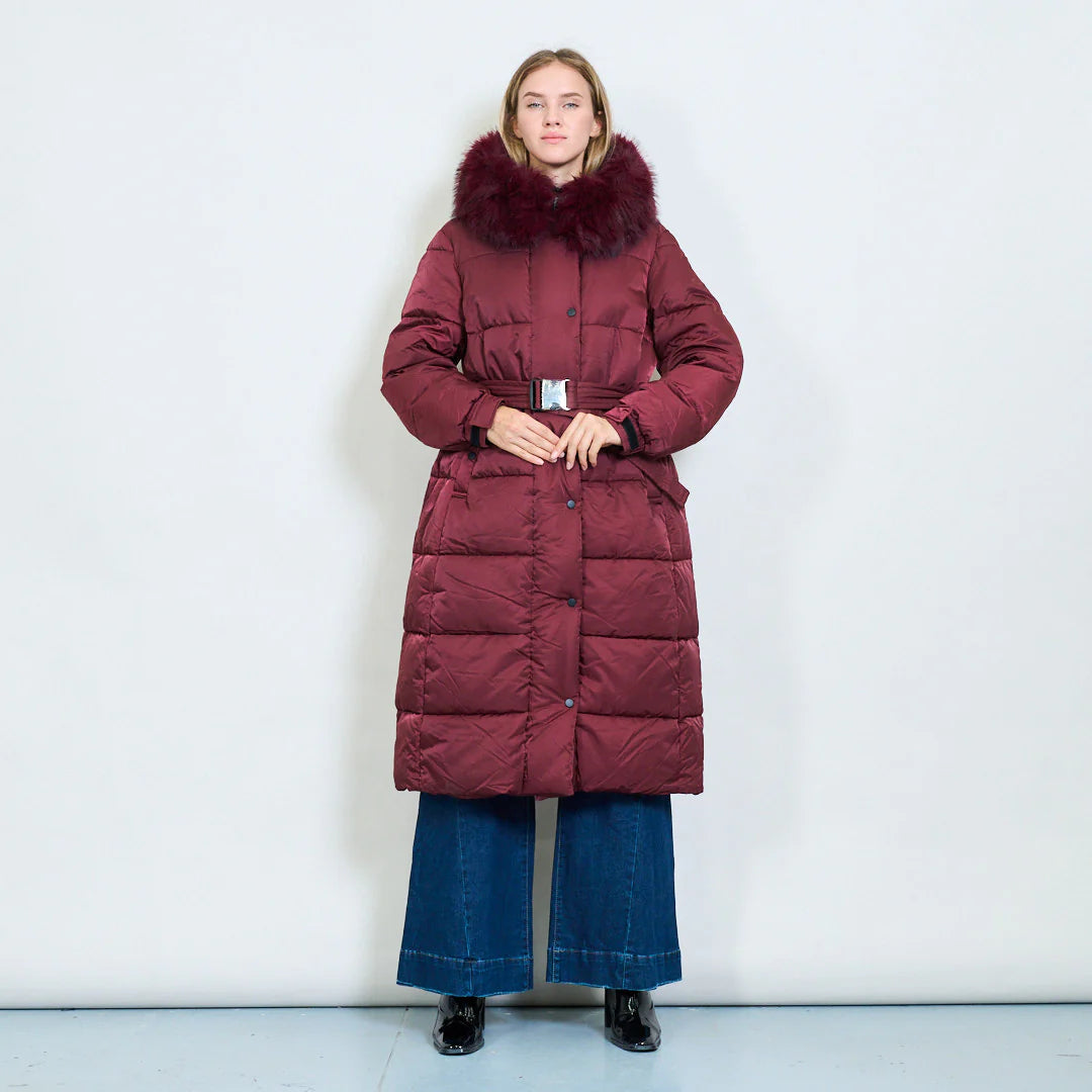 Women's Plus-Size Down Jacket with Fur Collar and Belt