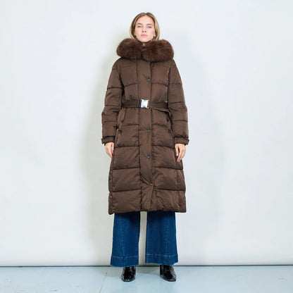 Women's Plus-Size Down Jacket with Fur Collar and Belt