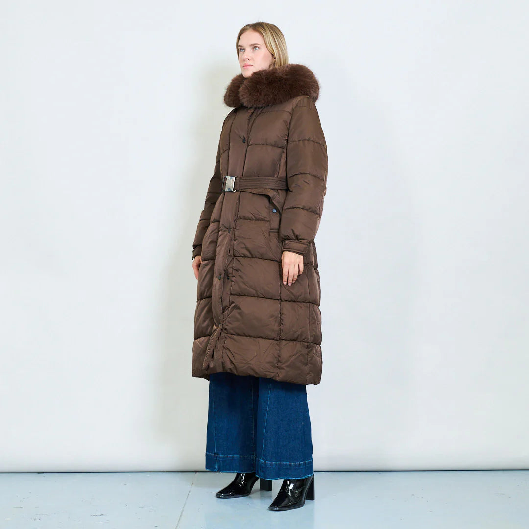 Women's Plus-Size Down Jacket with Fur Collar and Belt
