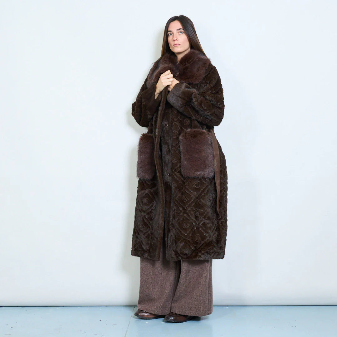 Long Faux Fur Coat with Belt and Contrasting Pockets