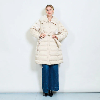 Women's Long Down Jacket with Belt and Fur Collar – Winter
