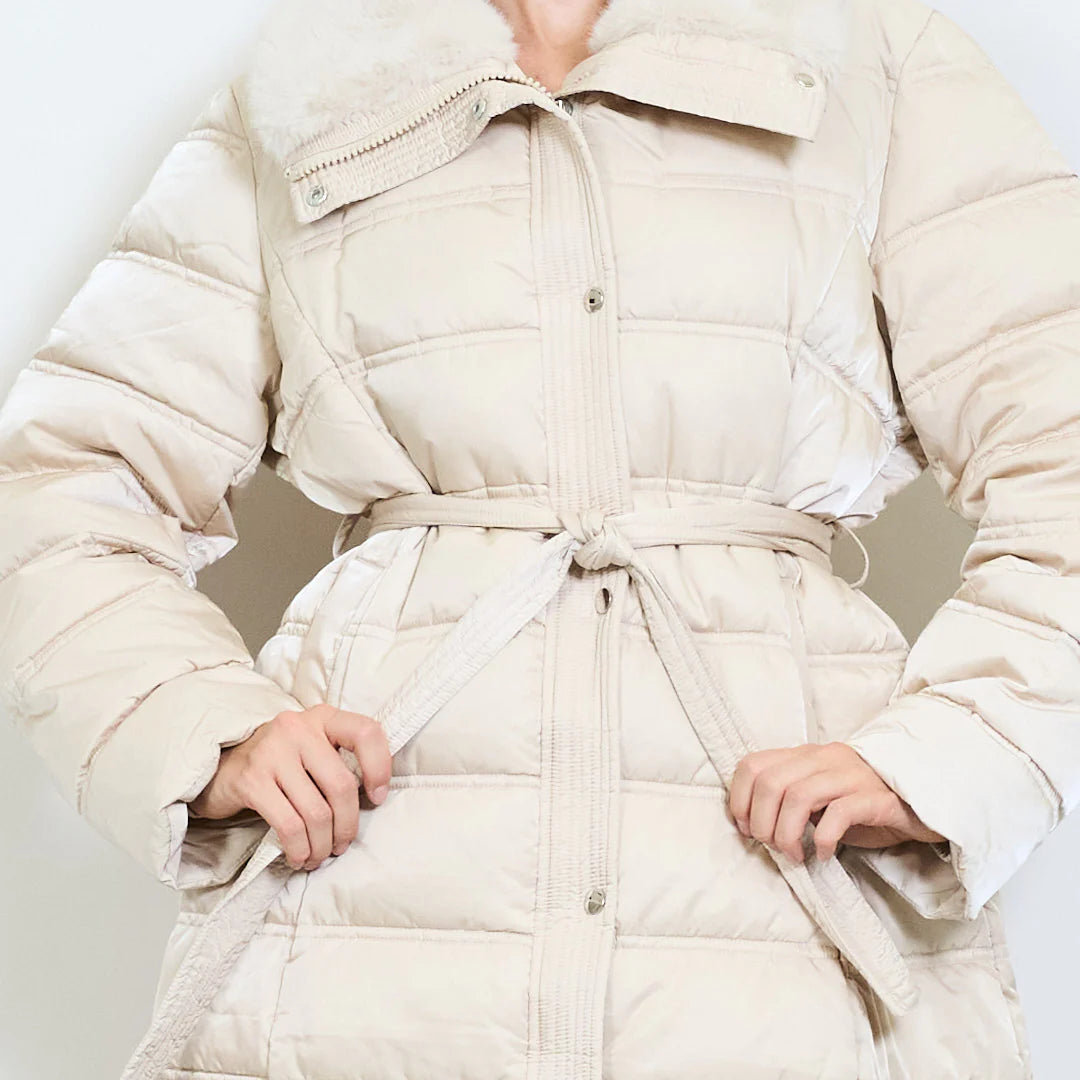 Women's Long Down Jacket with Belt and Fur Collar – Winter