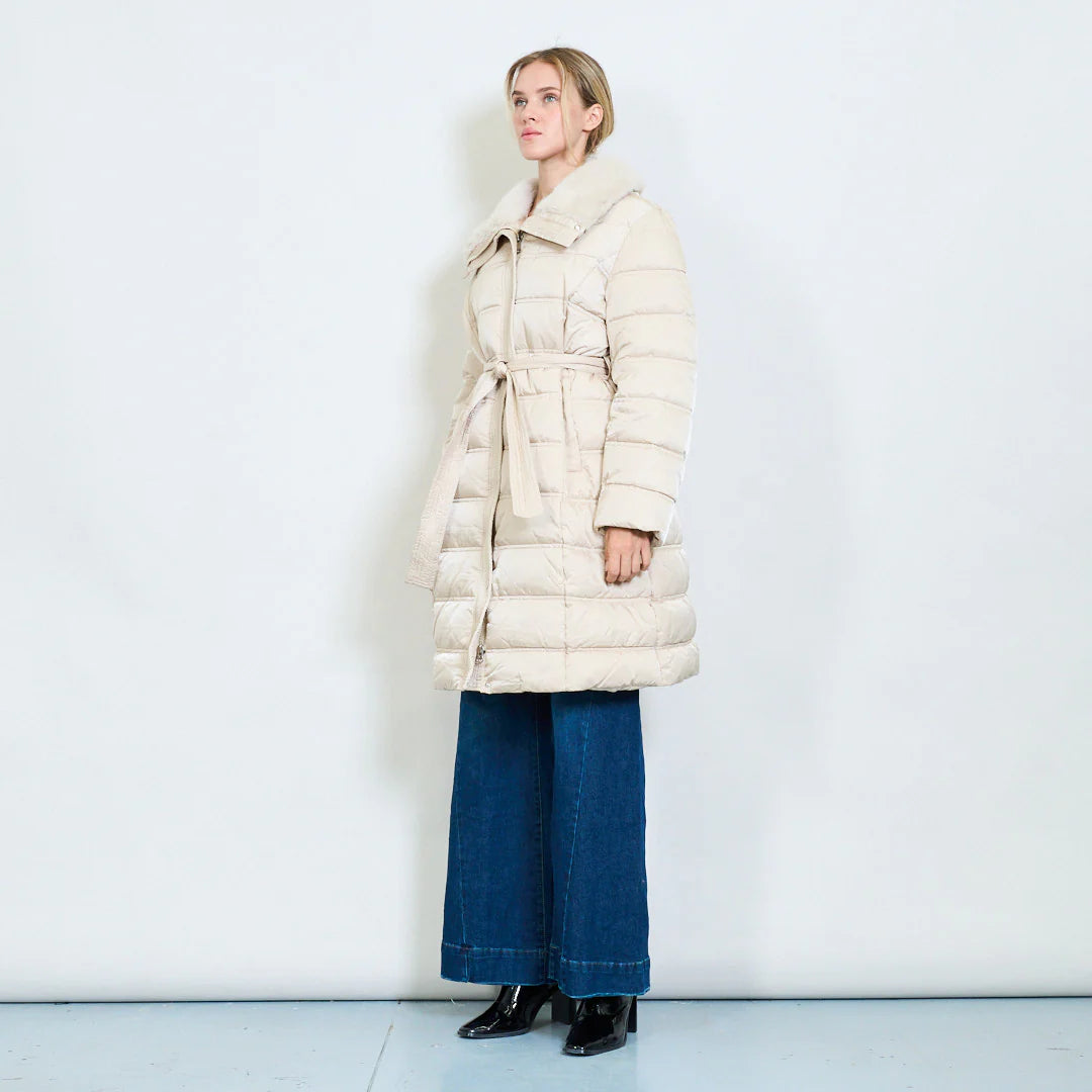 Women's Long Down Jacket with Belt and Fur Collar – Winter