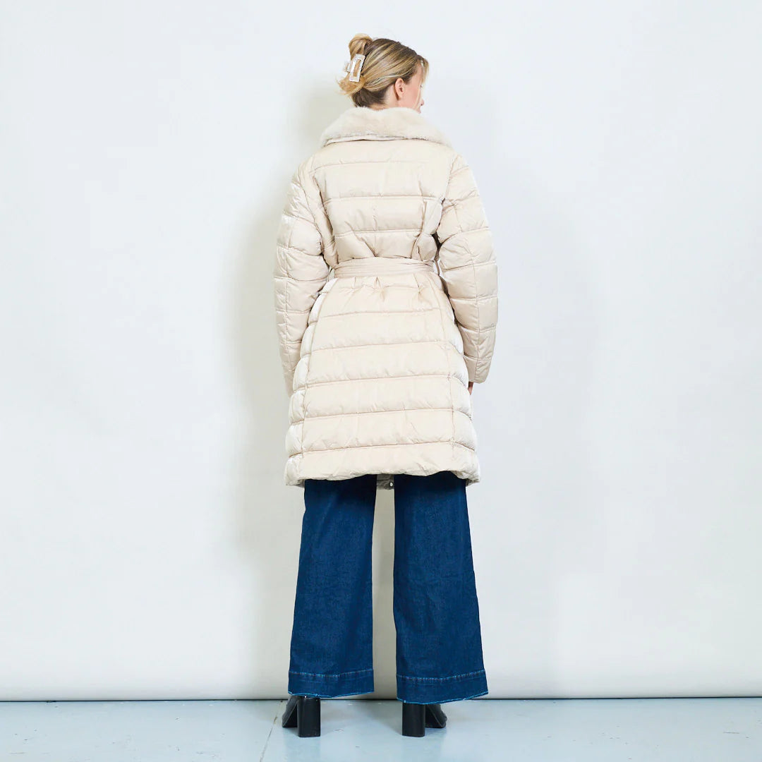 Women's Long Down Jacket with Belt and Fur Collar – Winter