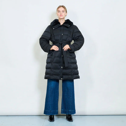Women's Long Down Jacket with Belt and Fur Collar – Winter