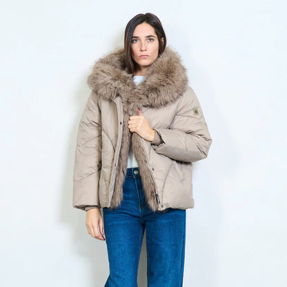 Women's Short Down Jacket with Faux Fur Collar