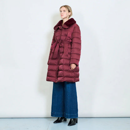 Women's Long Down Jacket with Belt and Fur Collar – Winter